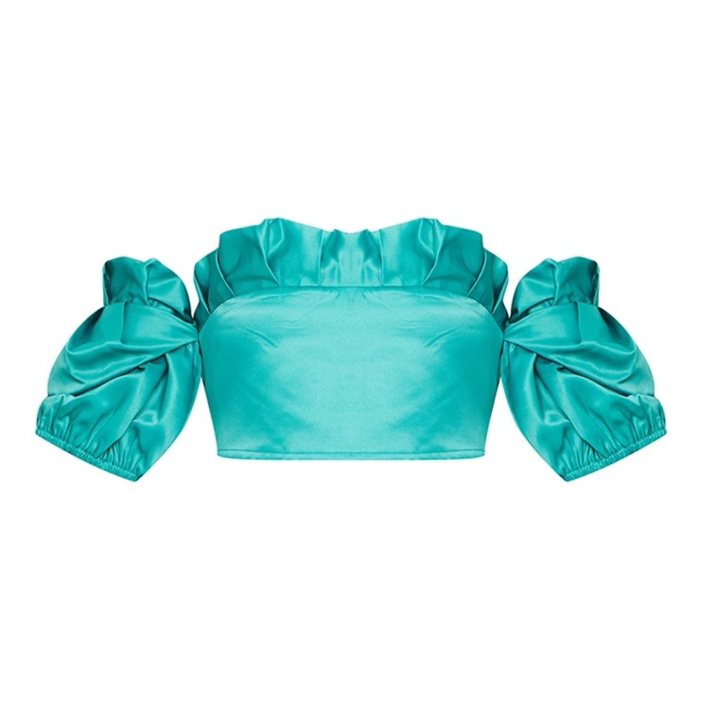 Teal Satin Frill Top Edge Puff Sleeve Crop Top (PrettyLittleThing) - US2 / UK 6 - Picture 5 of 6